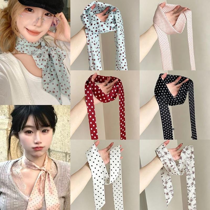 Face Scarf Mask - ผ้าพันคอไหมลายจุดและลายดอกไม้ ผ้าพันคอบางสำหรับผูกคอ ที่คาดผม ริบบิ้นสำหรับกระเป๋า สำหรับผู้หญิง เครื่องประดับสไตล์วินเทจสำหรับใช้ในชีวิตประจำวัน