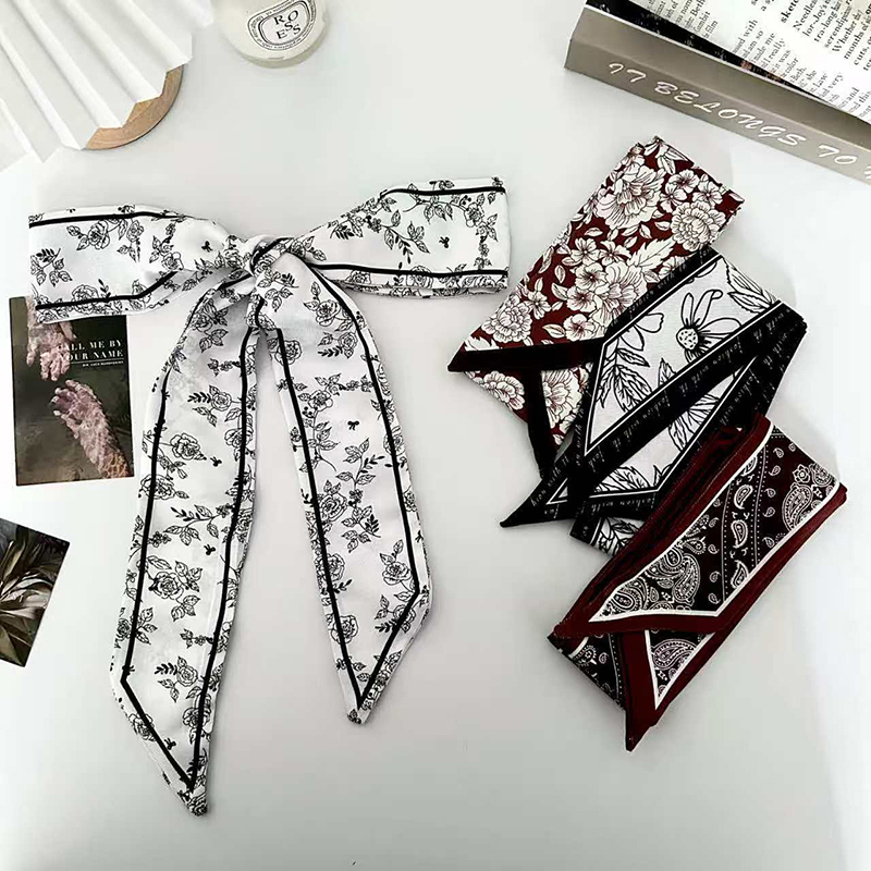 Ascot Neck Scarf - ผ้าพันคอไหมแฟชั่นหรูหราสำหรับผู้หญิง ผ้าพันคอไหมยาว ผ้าพันคอไหมผืนเล็ก ผ้าพันคอผูกผม ผ้าพันคอผูกกระเป๋า ผ้าพันคอผูกผมลายดอกไม้